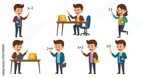 Cartoon Teachers Demonstrating Math Equations and Posing.