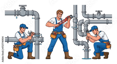 Three Cartoon Plumbers in Blue Overalls Fixing Metal Pipes with Wrenches.