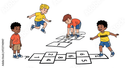 A diverse group of four young boys happily playing the classic game of hopscotch together.