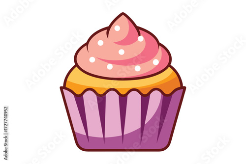 Cartoon cupcake with pink frosting and white sprinkles is isolated on white
