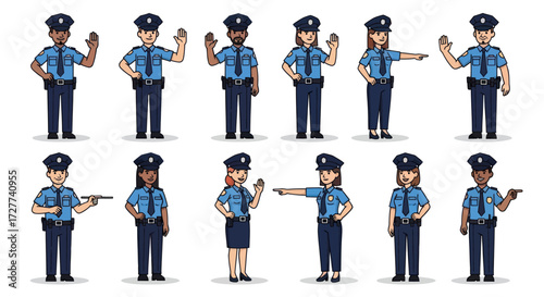 Diverse Cartoon Police Officers in Blue Uniforms with Various Poses and Gestures.
