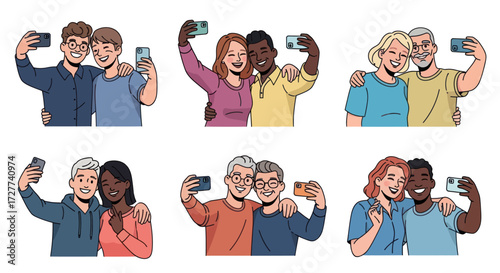 A diverse collection of illustrated couples happily taking selfies with a smartphone.