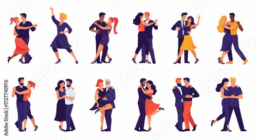 Diverse couples engaged in various styles of ballroom dancing depicted in a lively illustration.
