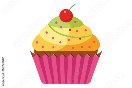 Colorful cupcake adorned with a red cherry sits prettily in a pink cup