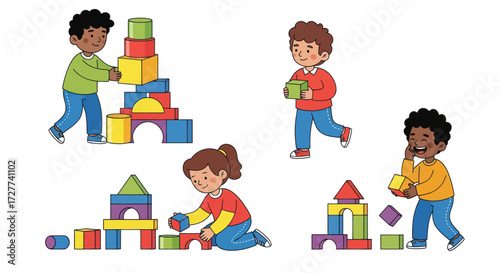 A diverse group of cartoon children happily playing and building with colorful toy blocks.