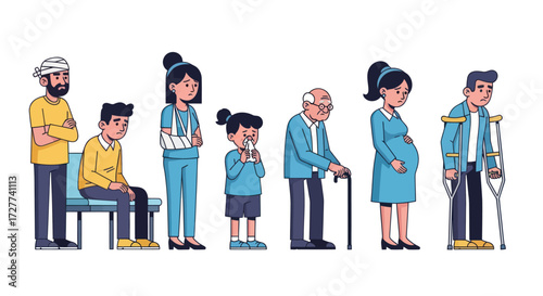 Diverse Group of Patients with Injuries and Conditions Waiting in Line.