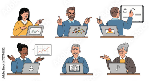 Diverse group of people presenting information on laptops and whiteboards.