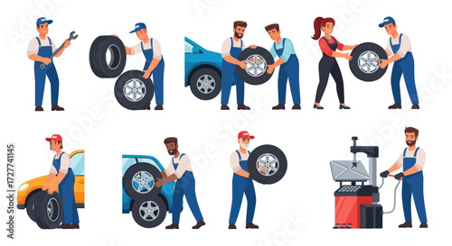 Diverse Group of Mechanics Working on Car Tires and Maintenance Equipment.