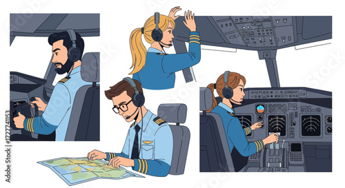Diverse Pilots and Crew Operating Aircraft Cockpit Controls.