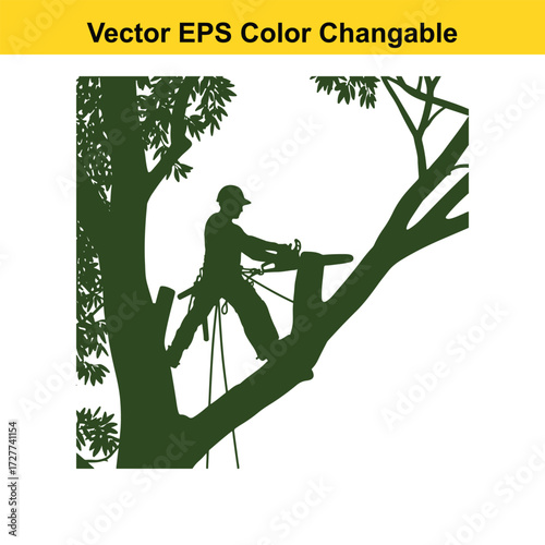 Vector art of silhouette of a tree surgeon with chainsaw on a branch