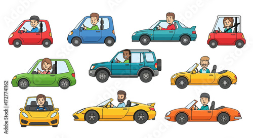 A vibrant collection of diverse cartoon cars including convertibles and an SUV with people driving.