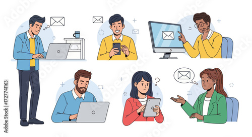 Diverse Group of People Interacting with Email Icons.