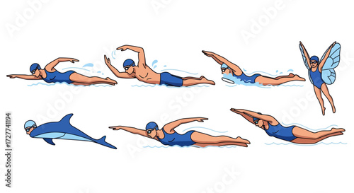Diverse Swimming Strokes and a Fantasy Figure in Motion.
