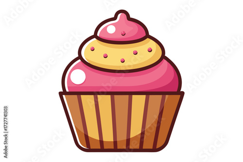 Cartoon cupcake features pink frosting, yellow filling, and brown liner on a white background