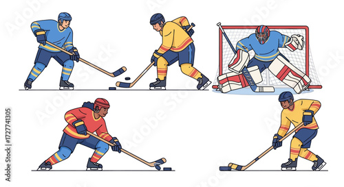 A collection of illustrated ice hockey players in various dynamic action poses and colorful uniforms.