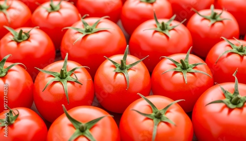 Uniformly arranged, ripe, red tomatoes are displayed with vibrant green stems, close-up