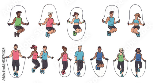 Diverse group of people actively jumping rope in various poses.