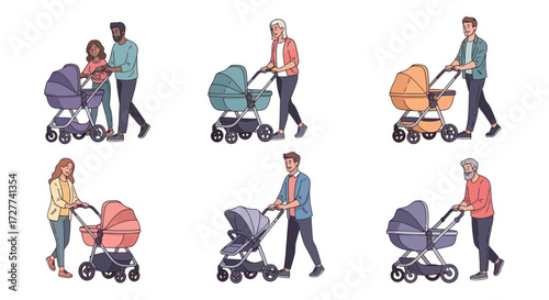 Diverse Families Pushing Strollers in Watercolor Style.