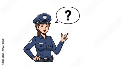 Cartoon Policewoman with Question Mark Speech Bubble.