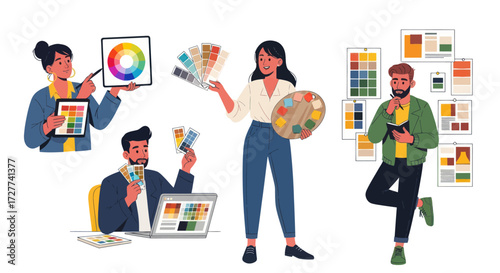 A collection of illustrated creative designers and artists working with color palettes and swatches for a project.