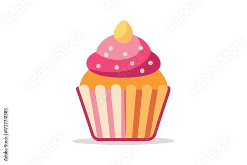 Isolated cupcake presents delicious pink frosting with white dots and a yellow topping