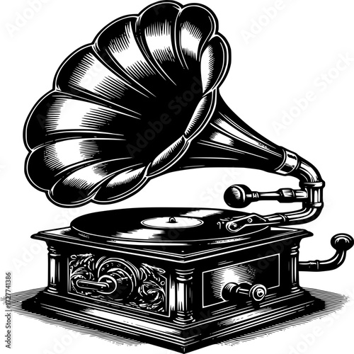 Vintage Gramophone: A detailed black and white illustration of a vintage gramophone, evoking a sense of nostalgia and classic musical heritage. 