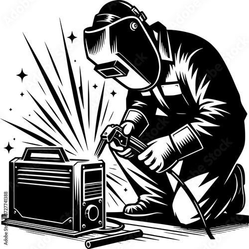 Welder at Work: A detailed illustration showcases a welder absorbed in their craft, kneeling with a protective mask and welding tools. sparks light up the scene.
