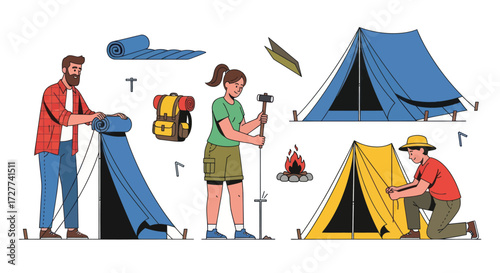 Camping Equipment and People Setting Up Tents for Outdoor Adventure.