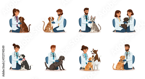 A collection of cartoon illustrations showing diverse veterinarians caring for various dog breeds during a check-up.