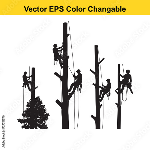 Vector art of silhouette of arborists climbing trees