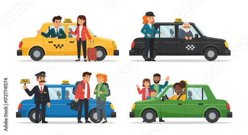 Cartoon Taxi Cars with Passengers and Drivers in Various Scenes.