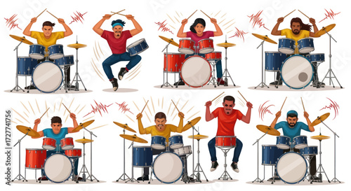 A collection of colorful energetic illustrations featuring diverse male and female drummers playing drum kits.