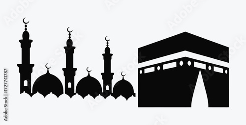 Iconic Islamic symbols mosque and Kaaba vector illustration on white background