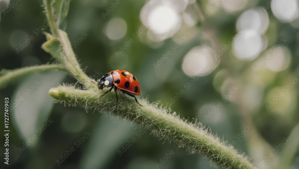 Obraz premium Ladybug on a stem, blurred background