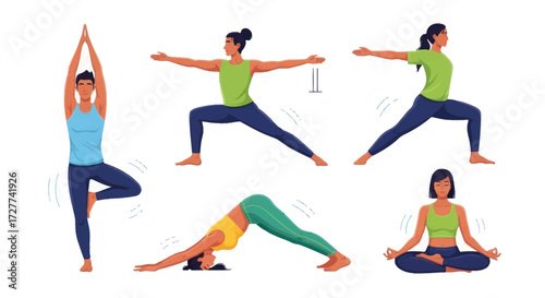 Collection of Women Performing Various Yoga Poses Including Tree Pose Warrior Pose Downward Dog and Lotus Position.