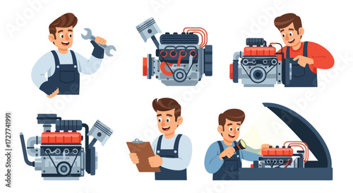 Car Mechanic and Engine Repair Illustrations Set.