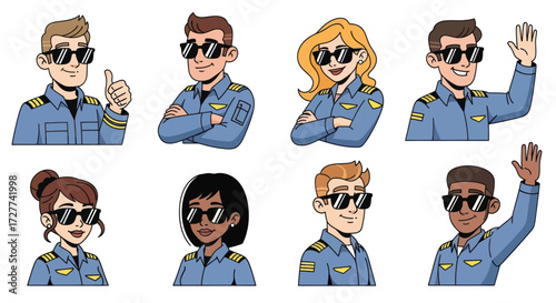 Diverse Cartoon Pilots and Airline Crew Characters with Sunglasses.