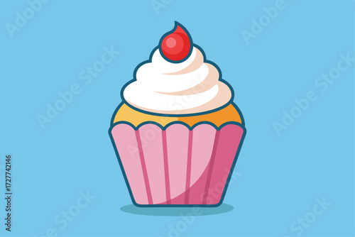Yummy cupcake with white frosting and a red topping sits against a blue backdrop