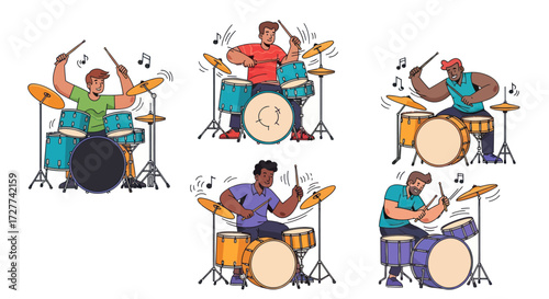 A collection of five diverse male cartoon characters energetically playing colorful drum kits.