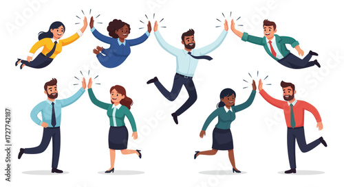Diverse Business Professionals High-Fiving in Celebration.