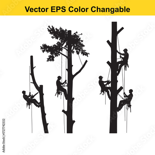 Vector art of silhouettes of arborists climbing trees