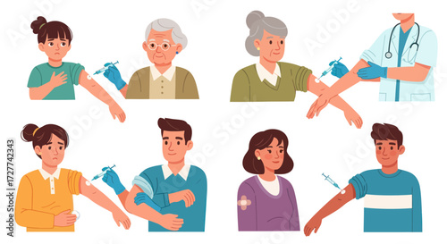 Diverse individuals receiving vaccinations from healthcare professionals.