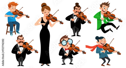 A diverse collection of cartoon characters men women and children playing the violin.