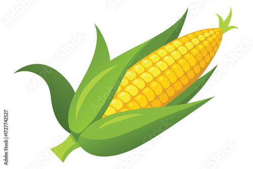 Fresh yellow corn cob with green husk is displayed on a plain backdrop