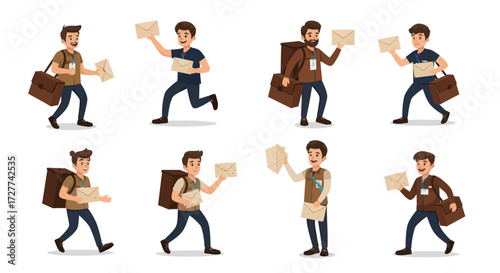 Diverse Male Characters Delivering Mail and Packages with Bags.