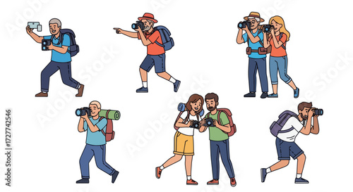 Cartoon Illustrations of Tourists with Cameras Capturing Moments.