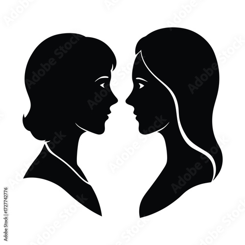 Two women profiles facing each other silhouette black and white