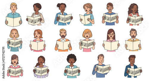 A diverse collection of illustrated cartoon people singing together in a choir from sheet music.