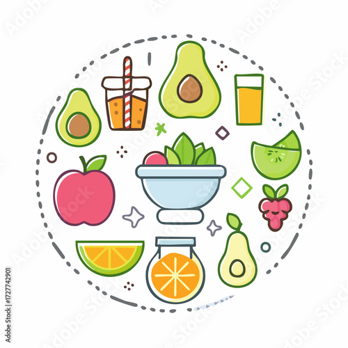 A vibrant illustration of various healthy fruits, vegetables, and drinks arranged in a circular design, emphasizing fresh and nutritious food.