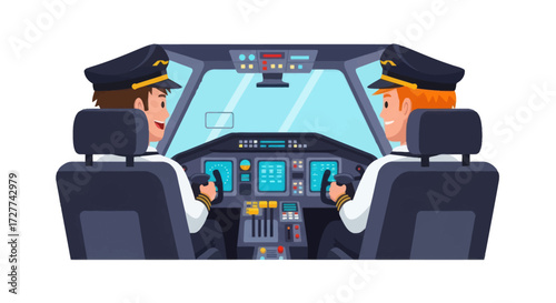 Cartoon illustration of a male pilot and female copilot smiling inside a modern airplane cockpit.